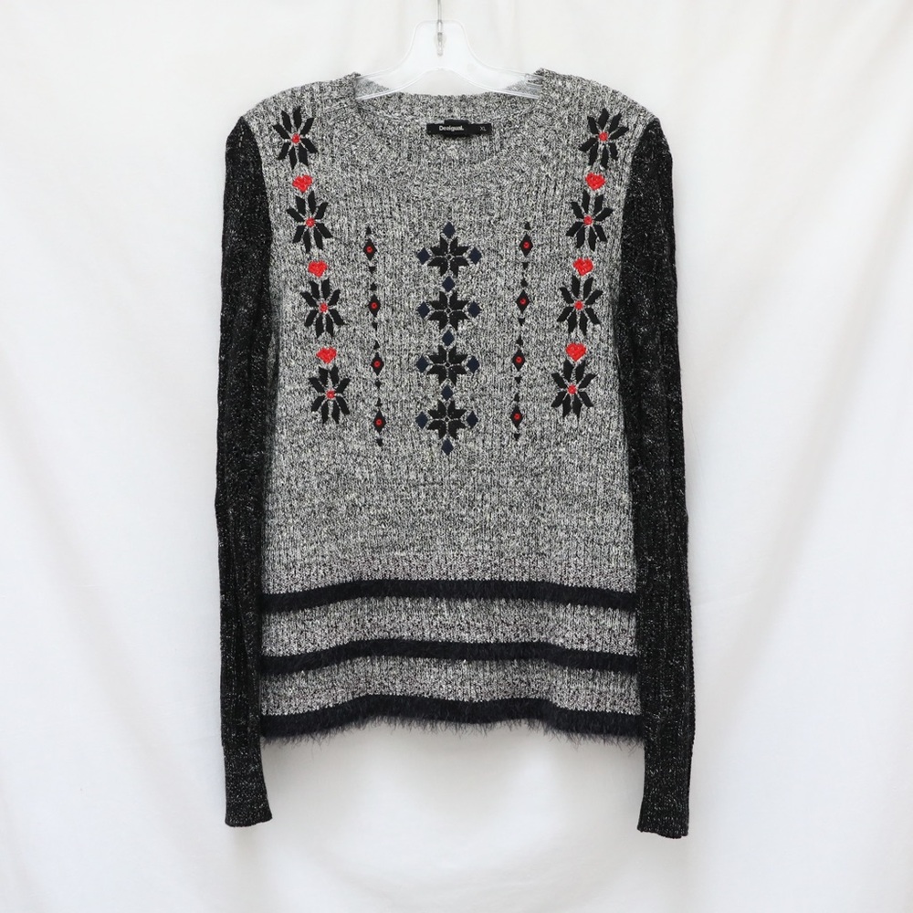 Desigual Nordic sweater embroidered knit heathered grey black XL cottage winter - Picture 2 of 10